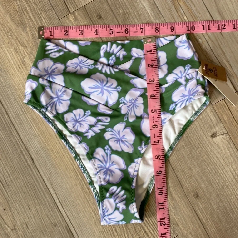 VS Pink V Crossover High-Waist Bikini Bottom Forest Pine Hibiscus